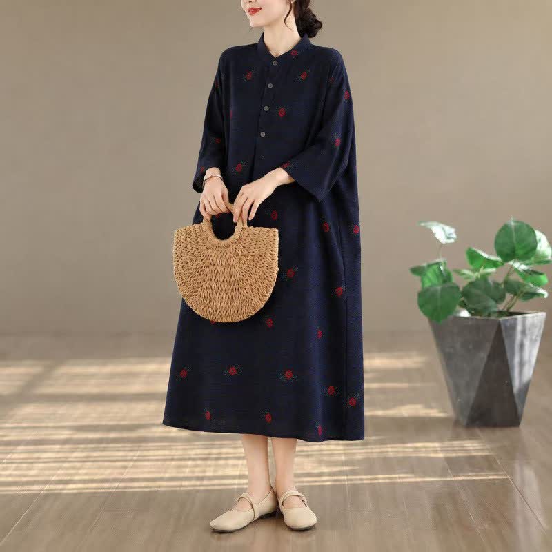 Buddha Stones Abito da donna a maniche lunghe con colletto alla coreana, stile Tang vintage, con stampa floreale e tasche, ideale per primavera/autunno. - image 1