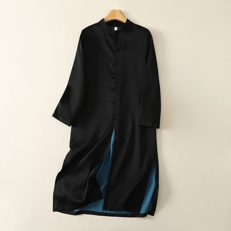 Buddha Stones Abito da donna a maniche lunghe, elegante, con colletto alla coreana e spacco laterale, stile Tang, ideale per primavera/autunno. - Nero - US12, UK/AU16, EU44 (2XL) - image 0