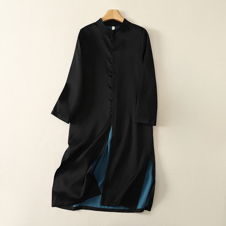 Buddha Stones Abito da donna a maniche lunghe, elegante, con colletto alla coreana e spacco laterale, stile Tang, ideale per primavera/autunno. - Nero - US12, UK/AU16, EU44 (2XL) - image 0