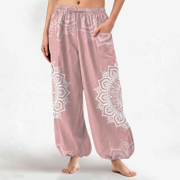 Buddha Stones Pantaloni harem da donna in cotone stile boho, bianchi, con motivo mandala e vita elasticizzata, dotati di tasche laterali. - Rosa chiaro - US16, UK/AU20, EU48 (3XL) - image 0