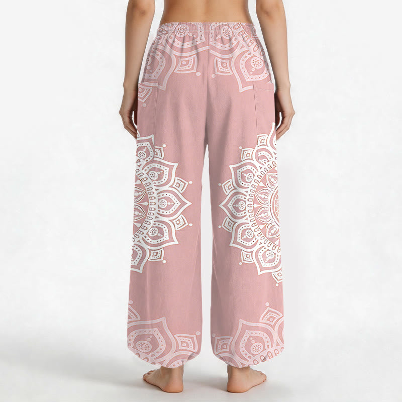 Buddha Stones Pantaloni harem da donna in cotone stile boho, bianchi, con motivo mandala e vita elasticizzata, dotati di tasche laterali. - image 2