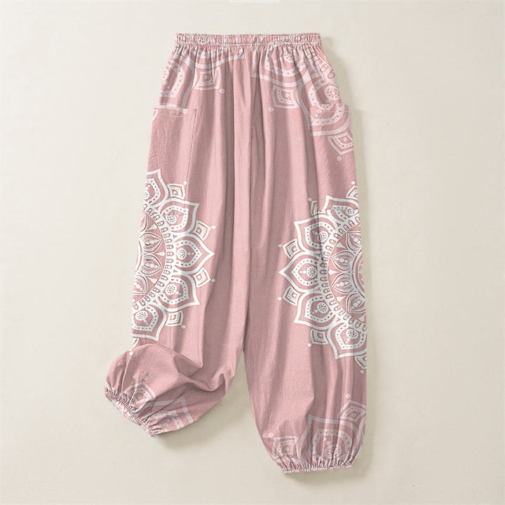 Buddha Stones Pantaloni harem da donna in cotone stile boho, bianchi, con motivo mandala e vita elasticizzata, dotati di tasche laterali. - image 3
