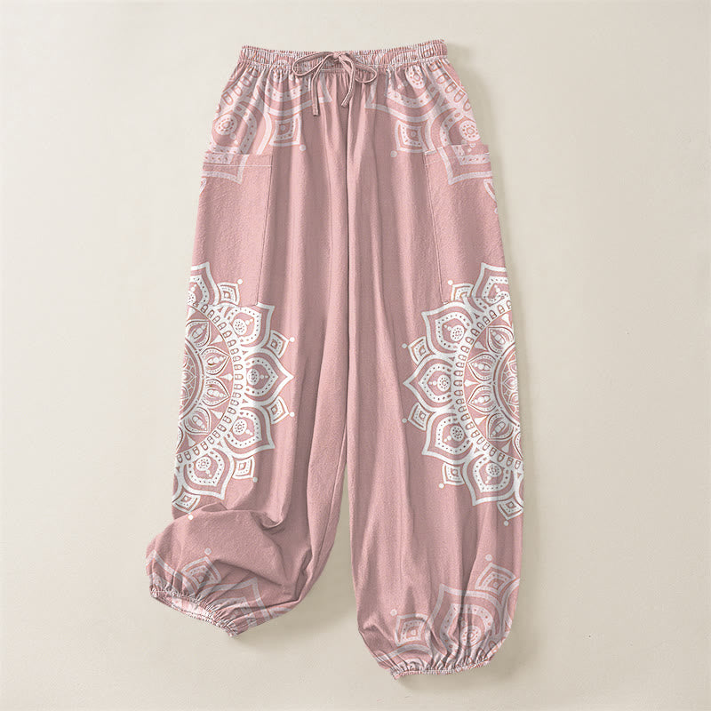 Buddha Stones Pantaloni harem da donna in cotone stile boho, bianchi, con motivo mandala e vita elasticizzata, dotati di tasche laterali. - image 6