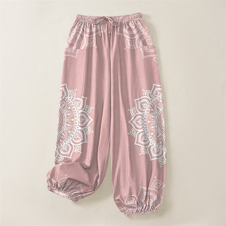 Buddha Stones Pantaloni harem da donna in cotone stile boho, bianchi, con motivo mandala e vita elasticizzata, dotati di tasche laterali. - image 6