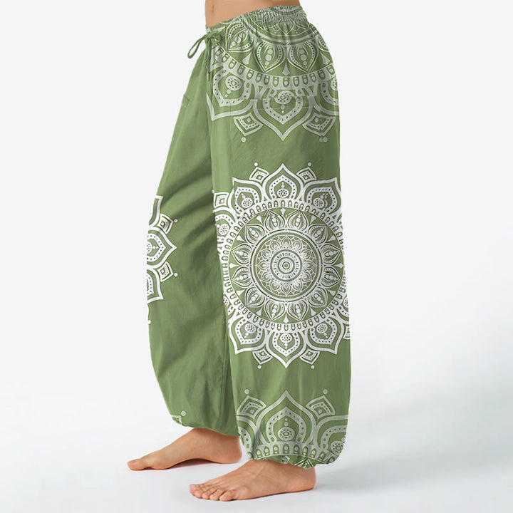 Buddha Stones Pantaloni harem da donna in cotone stile boho, bianchi, con motivo mandala e vita elasticizzata, dotati di tasche laterali. - image 8