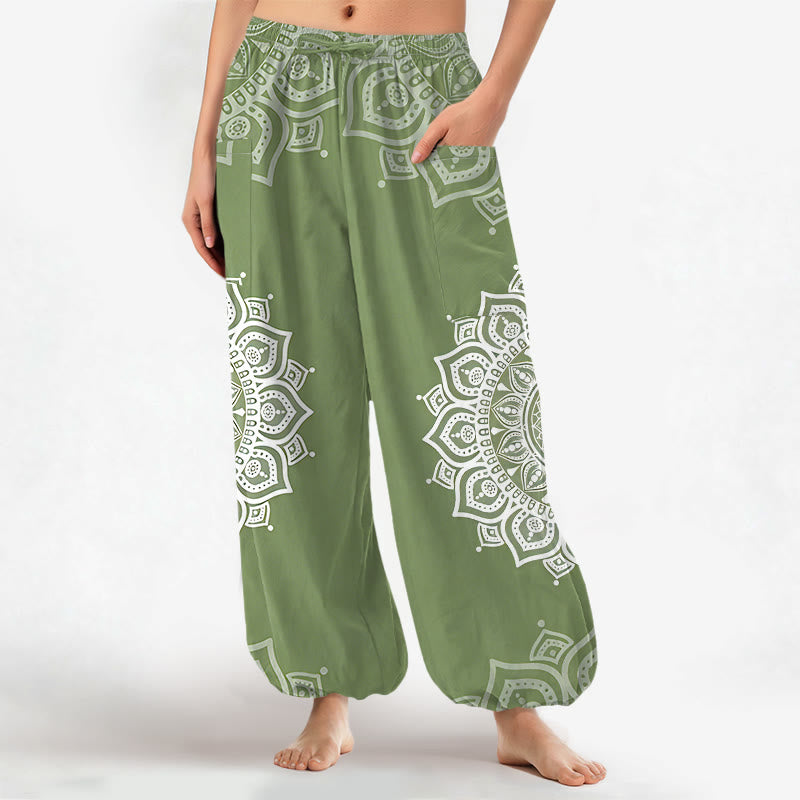 Buddha Stones Pantaloni harem da donna in cotone stile boho, bianchi, con motivo mandala e vita elasticizzata, dotati di tasche laterali. - Verde Mare Scuro - US16, UK/AU20, EU48 (3XL) - image 7