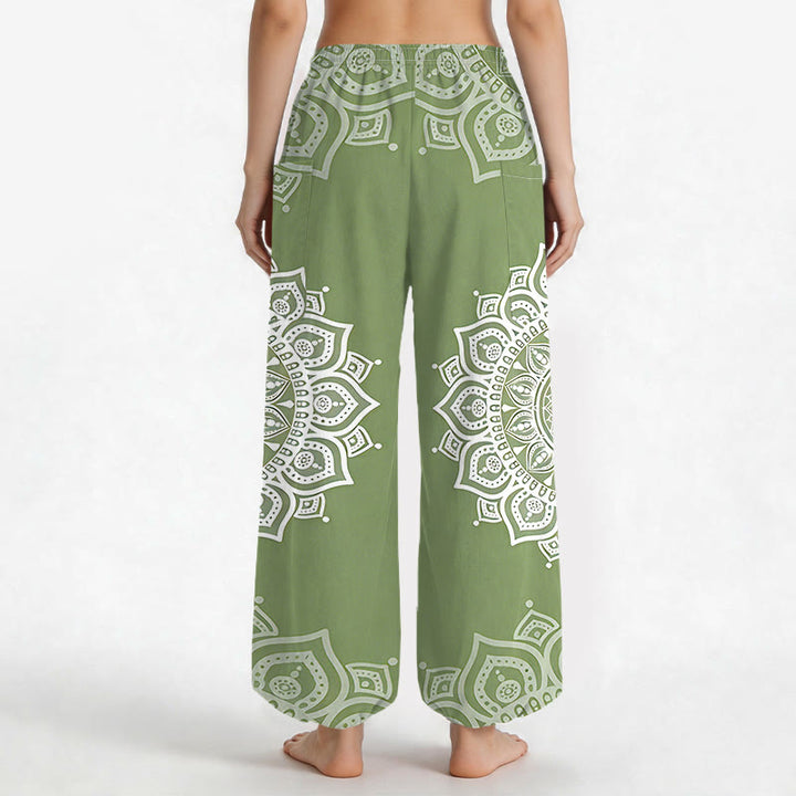 Buddha Stones Pantaloni harem da donna in cotone stile boho, bianchi, con motivo mandala e vita elasticizzata, dotati di tasche laterali. - image 9