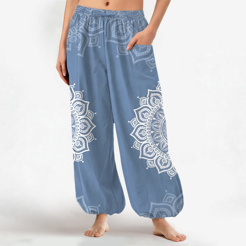 Buddha Stones Pantaloni harem da donna in cotone stile boho, bianchi, con motivo mandala e vita elasticizzata, dotati di tasche laterali. - Blu acciaio chiaro - US16, UK/AU20, EU48 (3XL) - image 10