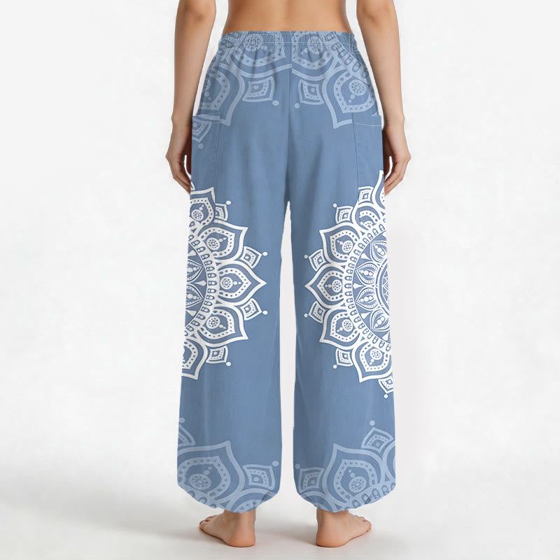 Buddha Stones Pantaloni harem da donna in cotone stile boho, bianchi, con motivo mandala e vita elasticizzata, dotati di tasche laterali. - image 12