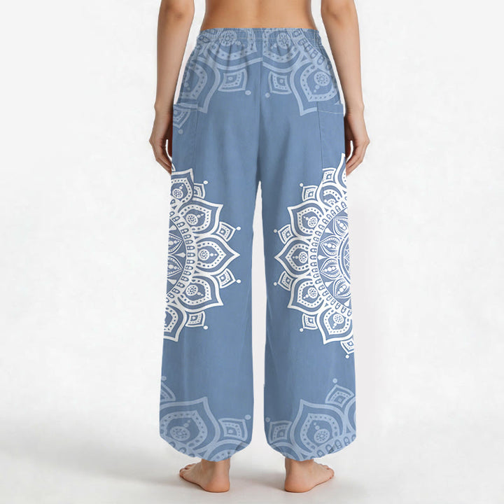 Buddha Stones Pantaloni harem da donna in cotone stile boho, bianchi, con motivo mandala e vita elasticizzata, dotati di tasche laterali. - image 12