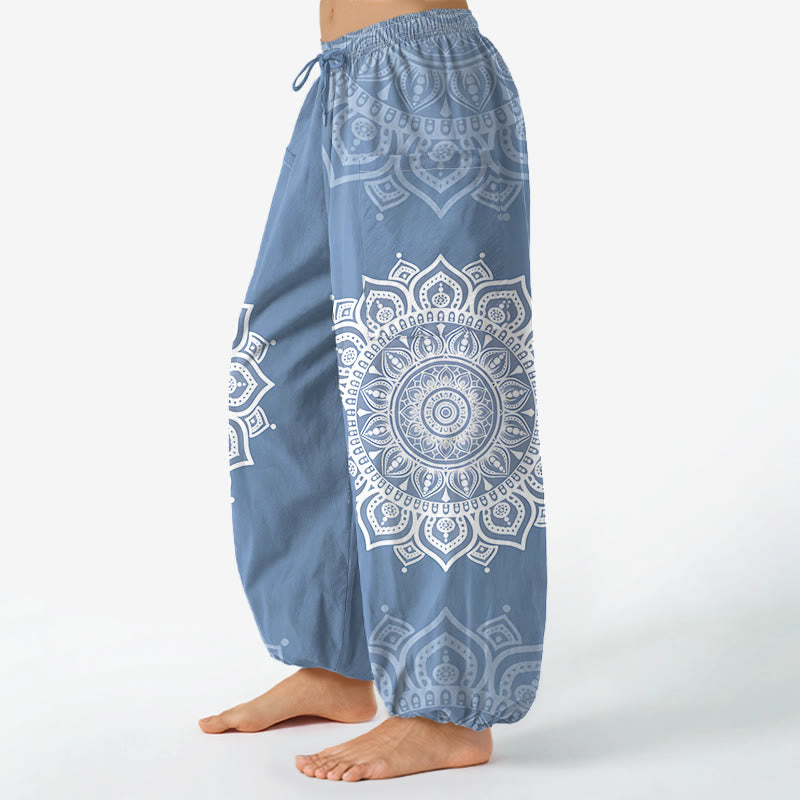 Buddha Stones Pantaloni harem da donna in cotone stile boho, bianchi, con motivo mandala e vita elasticizzata, dotati di tasche laterali. - image 11