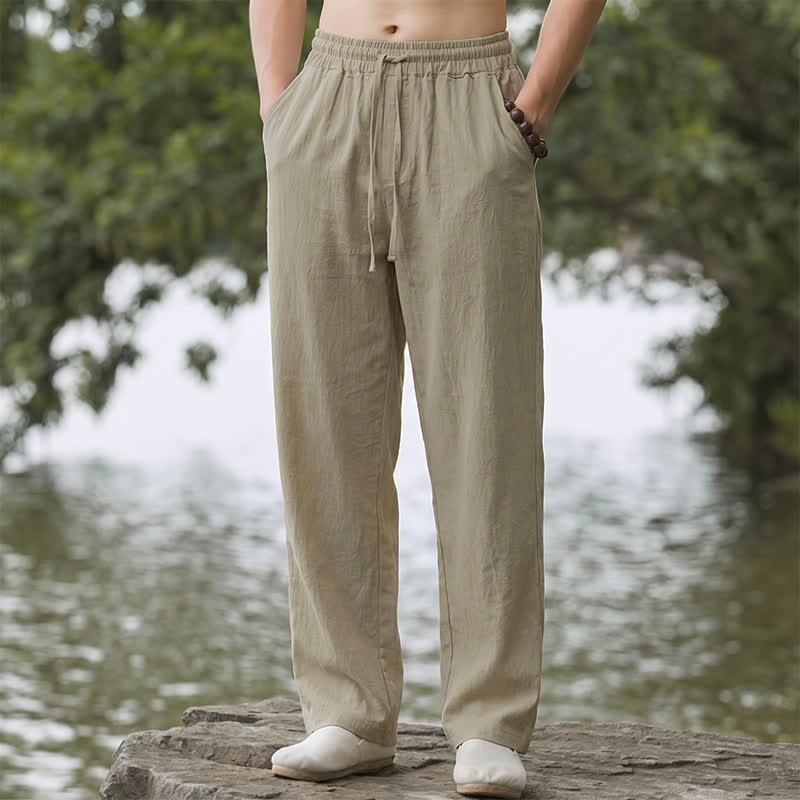 Buddha Stones Pantaloni lunghi da uomo a gamba dritta, tinta unita, con coulisse, ideali per l'autunno, con tasche. - Tan - US/UK/AU42, EU52 (3XL) - image 0