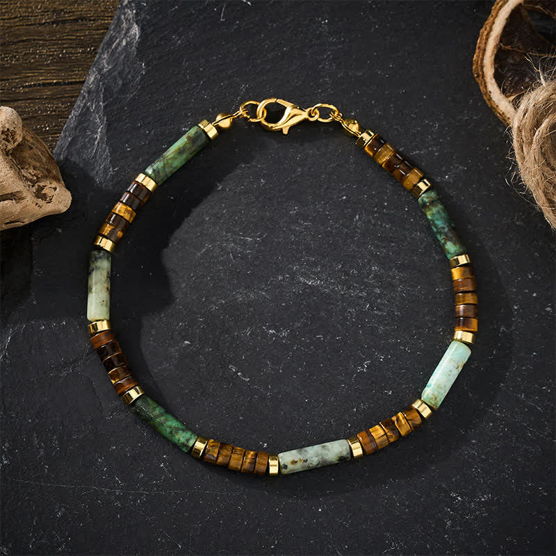 Buddha Stones Bracciale di supporto con perline in agata verde, occhio di tigre ed ematite - image 1
