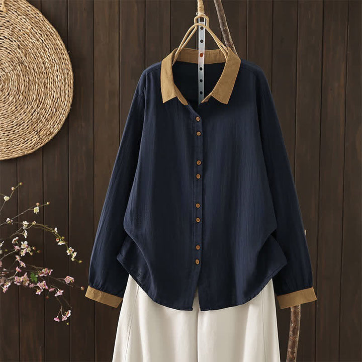 Buddha Stones Camicie da donna a maniche lunghe, stile primaverile, casual, vintage, con bottoni e colletto a contrasto. - Blu notte - US12, UK/AU16, EU44 (3XL) - image 0