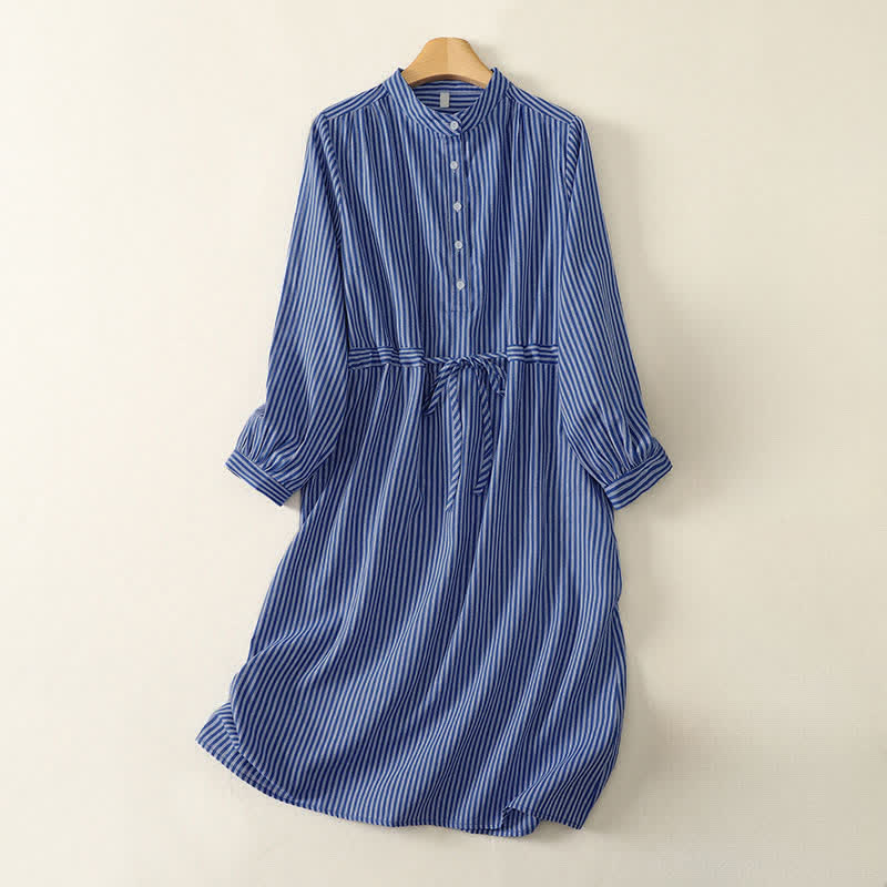 Buddha Stones Abito da donna a maniche lunghe, blu a righe, con coulisse e tasche, ideale per primavera e autunno. - Blu reale - US14, UK/AU18, EU46 (2XL) - image 0
