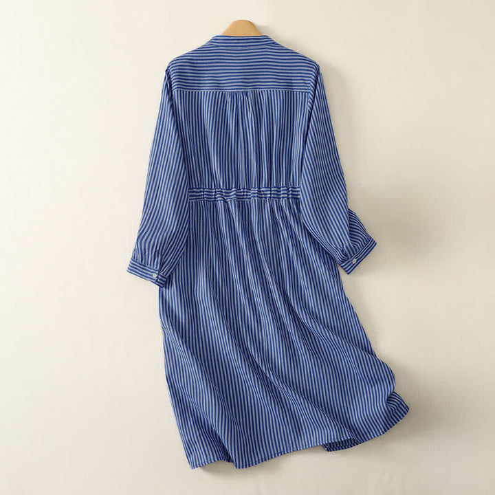 Buddha Stones Abito da donna a maniche lunghe, blu a righe, con coulisse e tasche, ideale per primavera e autunno. - image 1