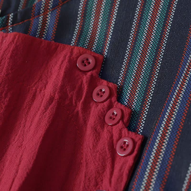 Buddha Stones Abito da donna a maniche lunghe, stile autunnale, casual, con nodo, bottoni, righe colorate rosse e tasche. - image 4