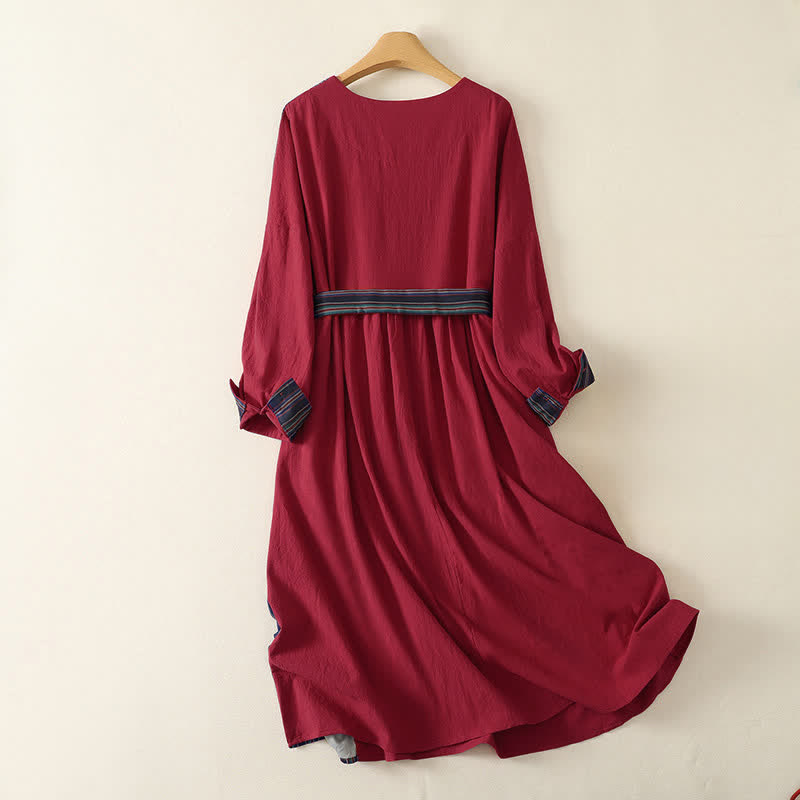 Buddha Stones Abito da donna a maniche lunghe, stile autunnale, casual, con nodo, bottoni, righe colorate rosse e tasche. - image 1