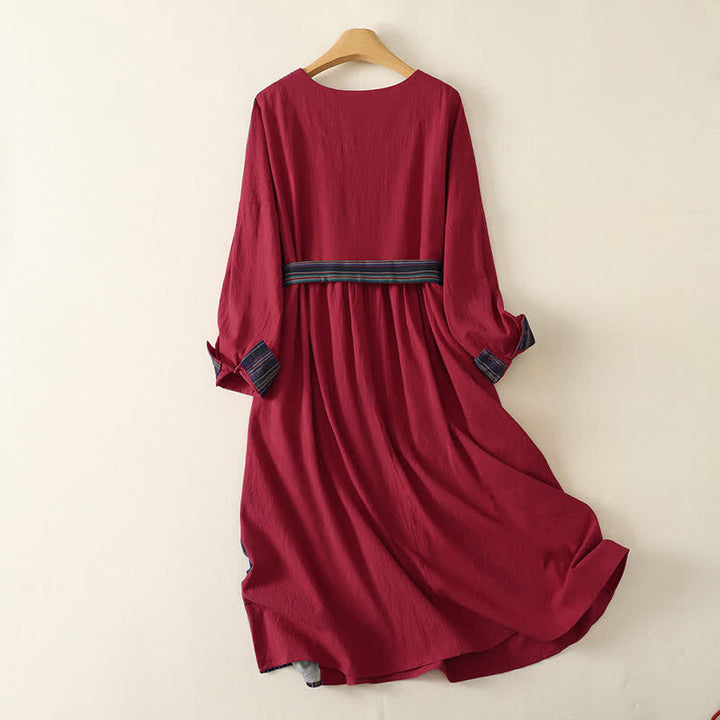 Buddha Stones Abito da donna a maniche lunghe, stile autunnale, casual, con nodo, bottoni, righe colorate rosse e tasche. - image 1