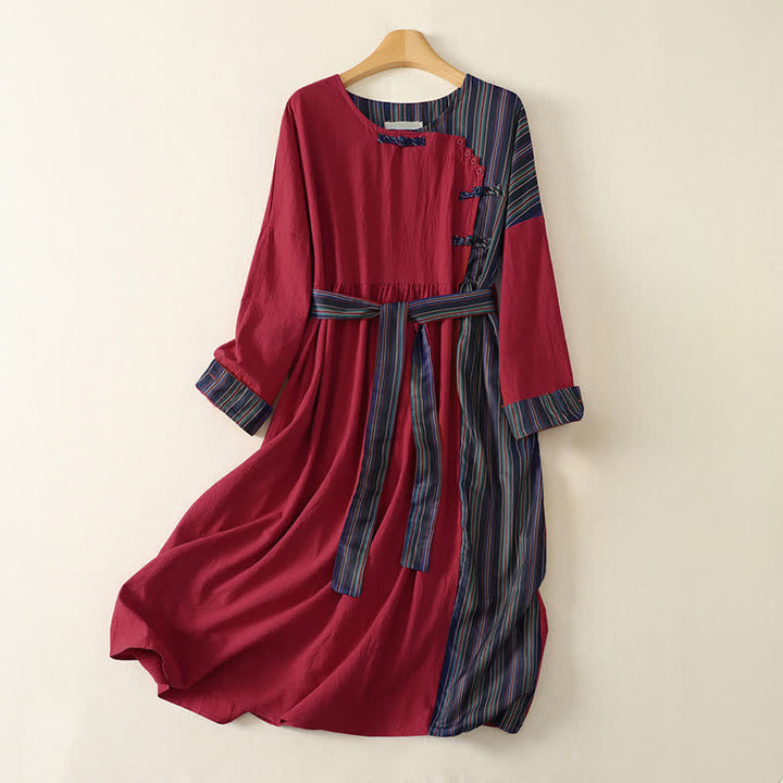 Buddha Stones Abito da donna a maniche lunghe, stile autunnale, casual, con nodo, bottoni, righe colorate rosse e tasche. - mattone refrattario - US12, UK/AU16, EU44 (2XL) - image 0