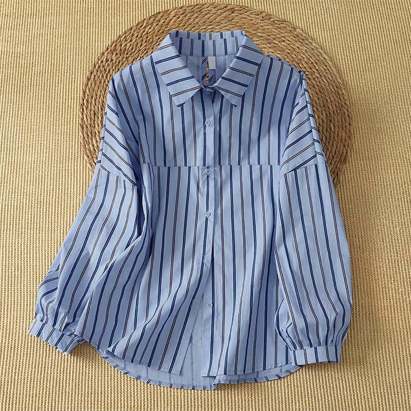 Buddha Stones Camicia da donna a maniche lunghe, primaverile, casual, minimalista, con bottoni e righe verticali. - Blu fiordaliso - US12, UK/AU16, EU44 (2XL) - image 0