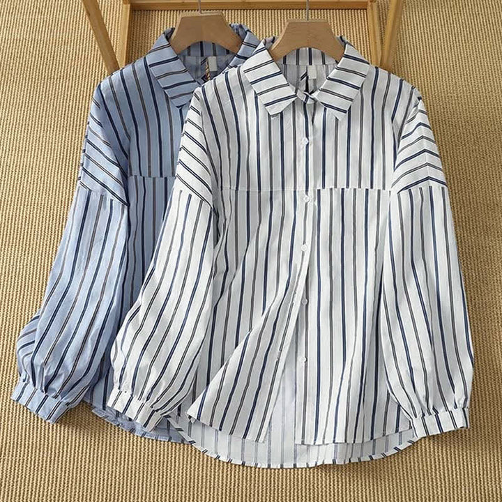 Buddha Stones Camicia da donna a maniche lunghe, primaverile, casual, minimalista, con bottoni e righe verticali. - image 13