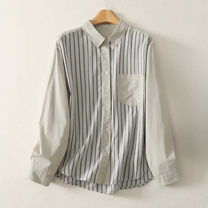 Buddha Stones Camicia da donna primaverile casual minimalista a maniche lunghe con bottoni, a righe e patchwork, con taschino applicato. - image 10