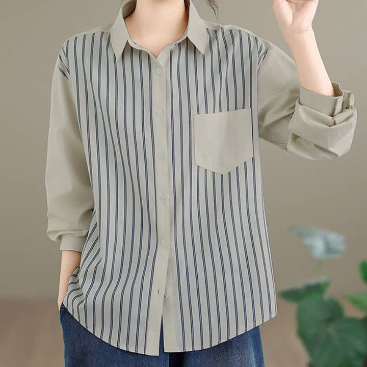 Buddha Stones Camicia da donna primaverile casual minimalista a maniche lunghe con bottoni, a righe e patchwork, con taschino applicato. - image 6