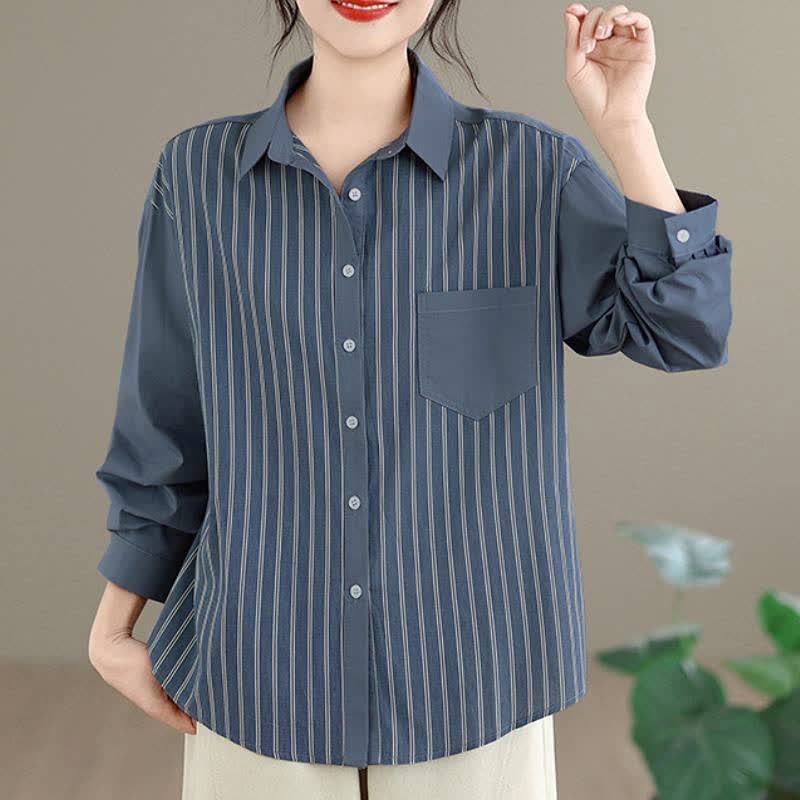 Buddha Stones Camicia da donna primaverile casual minimalista a maniche lunghe con bottoni, a righe e patchwork, con taschino applicato. - SteelBlue - US8-10, UK/AU12-14, EU40-42 (2XL) - image 0