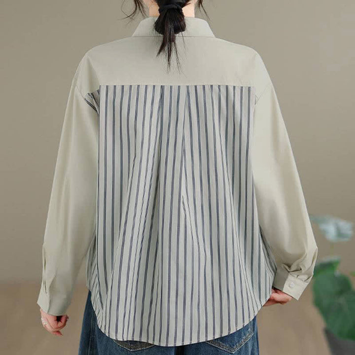 Buddha Stones Camicia da donna primaverile casual minimalista a maniche lunghe con bottoni, a righe e patchwork, con taschino applicato. - image 9