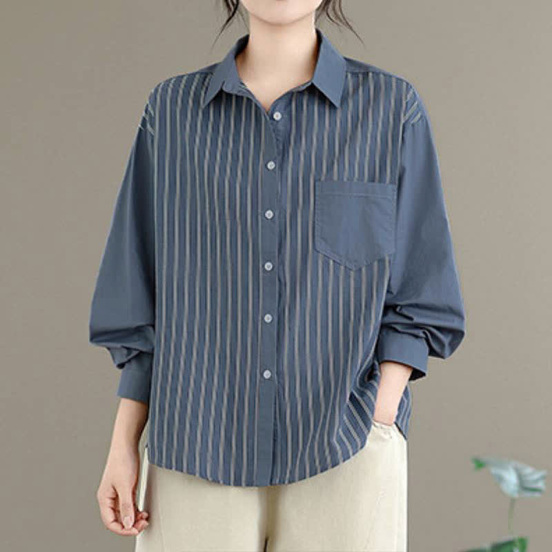 Buddha Stones Camicia da donna primaverile casual minimalista a maniche lunghe con bottoni, a righe e patchwork, con taschino applicato. - image 1