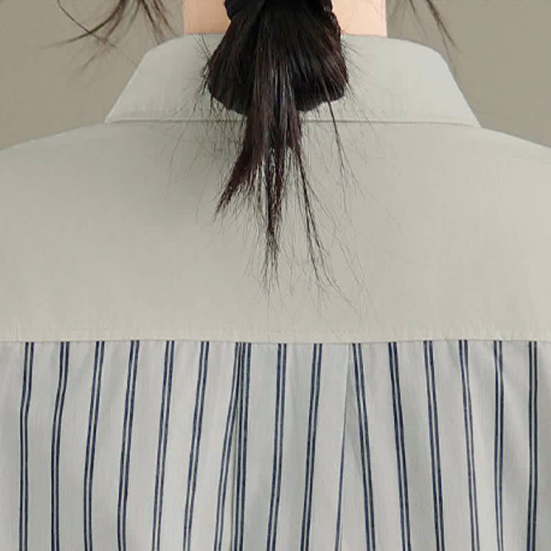 Buddha Stones Camicia da donna primaverile casual minimalista a maniche lunghe con bottoni, a righe e patchwork, con taschino applicato. - image 12