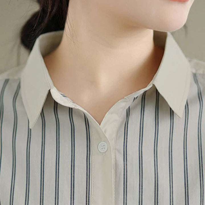 Buddha Stones Camicia da donna primaverile casual minimalista a maniche lunghe con bottoni, a righe e patchwork, con taschino applicato. - image 11