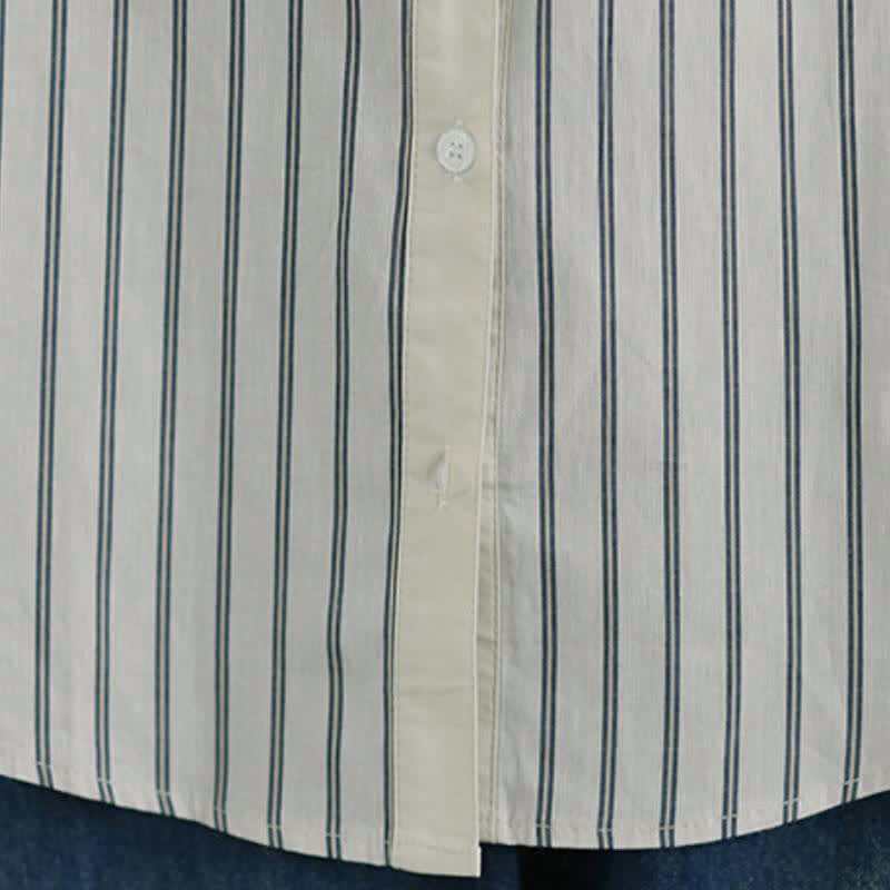 Buddha Stones Camicia da donna primaverile casual minimalista a maniche lunghe con bottoni, a righe e patchwork, con taschino applicato. - image 13