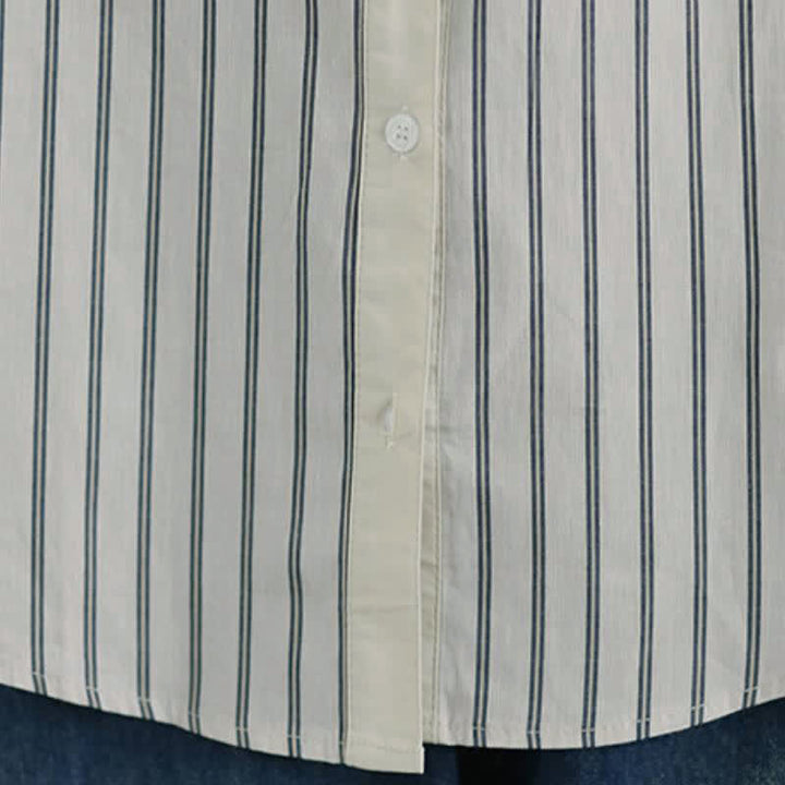 Buddha Stones Camicia da donna primaverile casual minimalista a maniche lunghe con bottoni, a righe e patchwork, con taschino applicato. - image 13