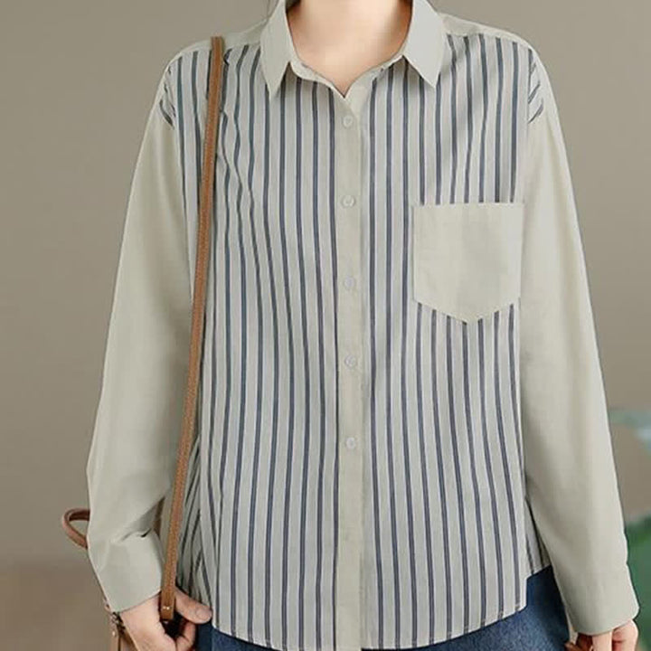 Buddha Stones Camicia da donna primaverile casual minimalista a maniche lunghe con bottoni, a righe e patchwork, con taschino applicato. - image 7