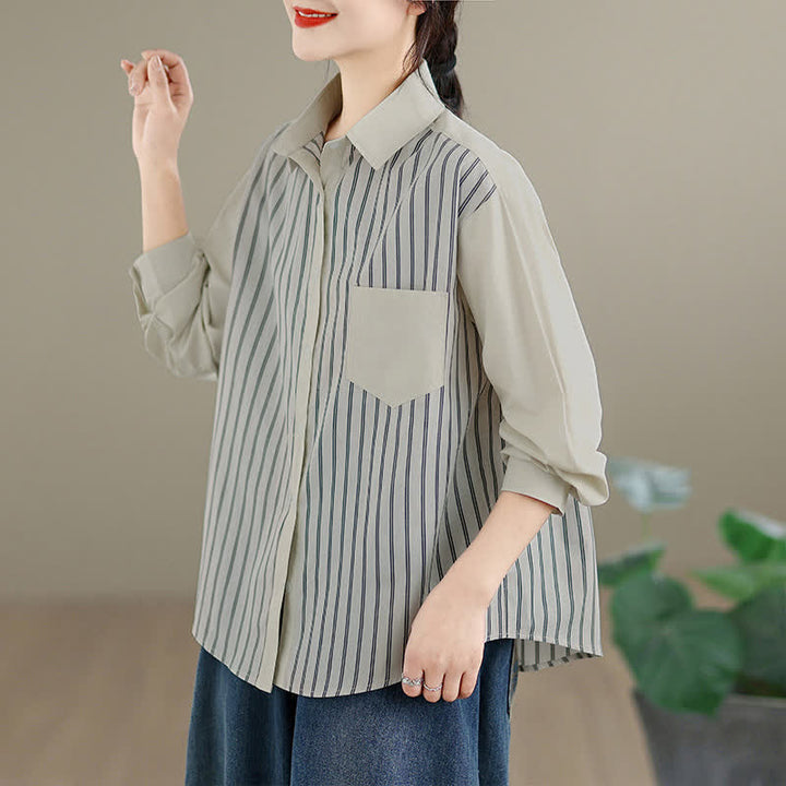 Buddha Stones Camicia da donna primaverile casual minimalista a maniche lunghe con bottoni, a righe e patchwork, con taschino applicato. - image 8