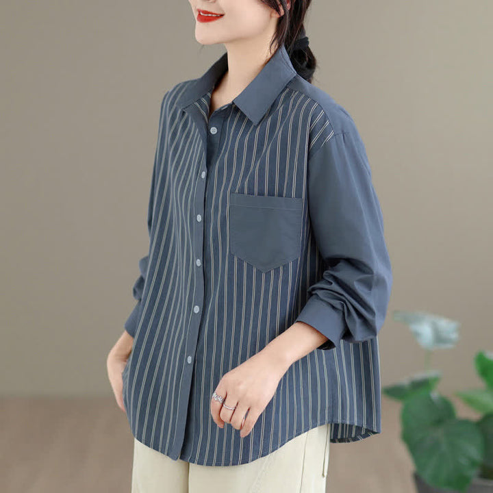 Buddha Stones Camicia da donna primaverile casual minimalista a maniche lunghe con bottoni, a righe e patchwork, con taschino applicato. - image 3