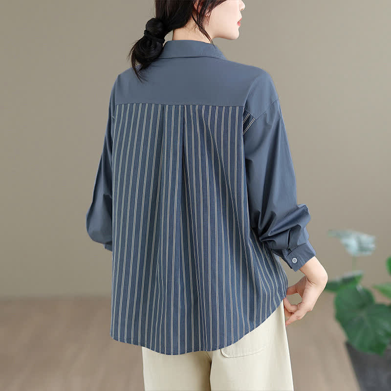Buddha Stones Camicia da donna primaverile casual minimalista a maniche lunghe con bottoni, a righe e patchwork, con taschino applicato. - image 4