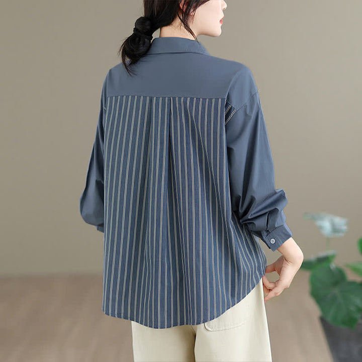 Buddha Stones Camicia da donna primaverile casual minimalista a maniche lunghe con bottoni, a righe e patchwork, con taschino applicato. - image 4
