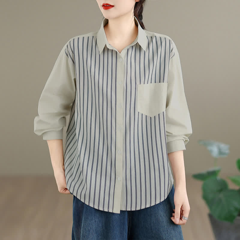 Buddha Stones Camicia da donna primaverile casual minimalista a maniche lunghe con bottoni, a righe e patchwork, con taschino applicato. - Beige - US8-10, UK/AU12-14, EU40-42 (2XL) - image 5