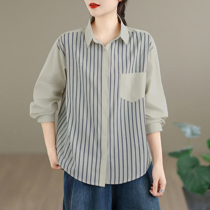 Buddha Stones Camicia da donna primaverile casual minimalista a maniche lunghe con bottoni, a righe e patchwork, con taschino applicato. - Beige - US8-10, UK/AU12-14, EU40-42 (2XL) - image 5