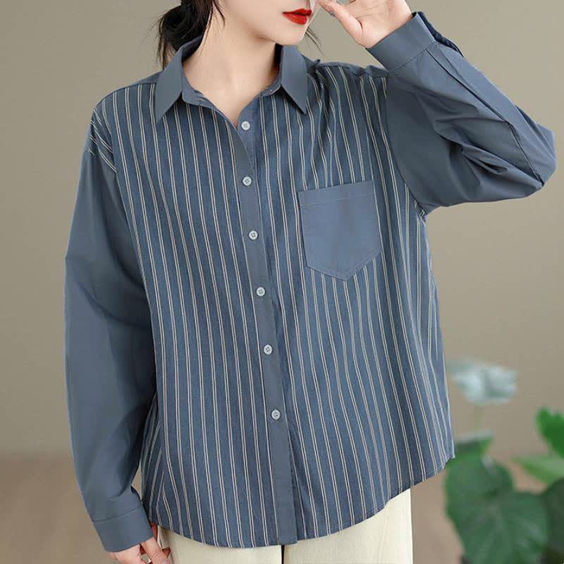 Buddha Stones Camicia da donna primaverile casual minimalista a maniche lunghe con bottoni, a righe e patchwork, con taschino applicato. - image 2