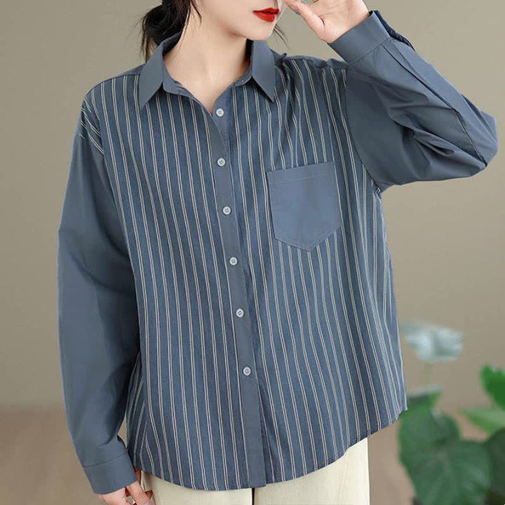 Buddha Stones Camicia da donna primaverile casual minimalista a maniche lunghe con bottoni, a righe e patchwork, con taschino applicato. - image 2