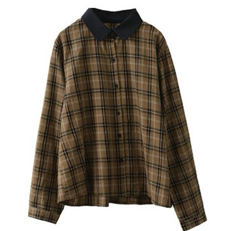 Buddha Stones Camicia da donna a maniche lunghe, stile vintage, con bottoni, colletto a contrasto e fantasia a quadri, ideale per l'autunno. - image 3