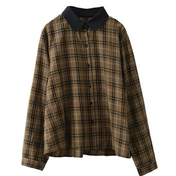 Buddha Stones Camicia da donna a maniche lunghe, stile vintage, con bottoni, colletto a contrasto e fantasia a quadri, ideale per l'autunno. - image 3