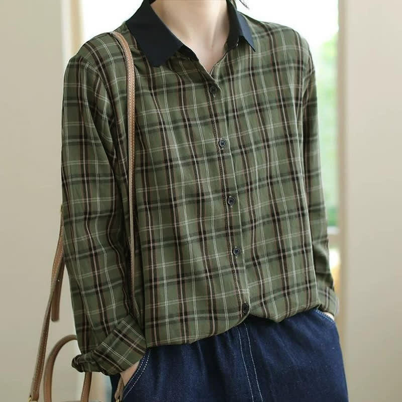 Buddha Stones Camicia da donna a maniche lunghe, stile vintage, con bottoni, colletto a contrasto e fantasia a quadri, ideale per l'autunno. - Verde oliva - US8-10, UK/AU12-14, EU40-42 (2XL) - image 8