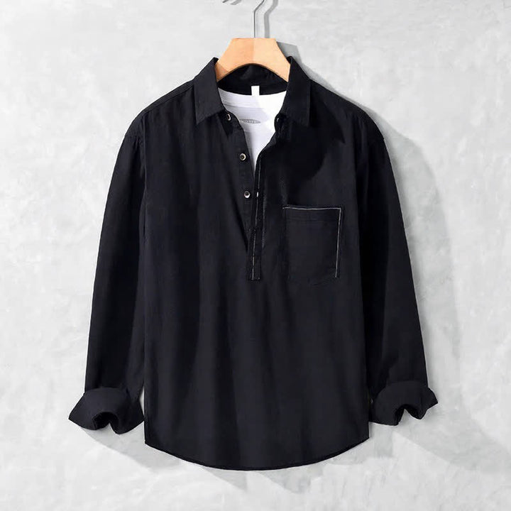 Buddha Stones Camicia da uomo a maniche lunghe in cotone tinta unita, casual, con bottoni e taschino applicato, ideale per primavera e autunno. - Nero - US/UK/AU42, EU52 (3XL) - image 9