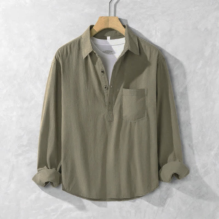 Buddha Stones Camicia da uomo a maniche lunghe in cotone tinta unita, casual, con bottoni e taschino applicato, ideale per primavera e autunno. - Verde oliva scuro - US/UK/AU42, EU52 (3XL) - image 0