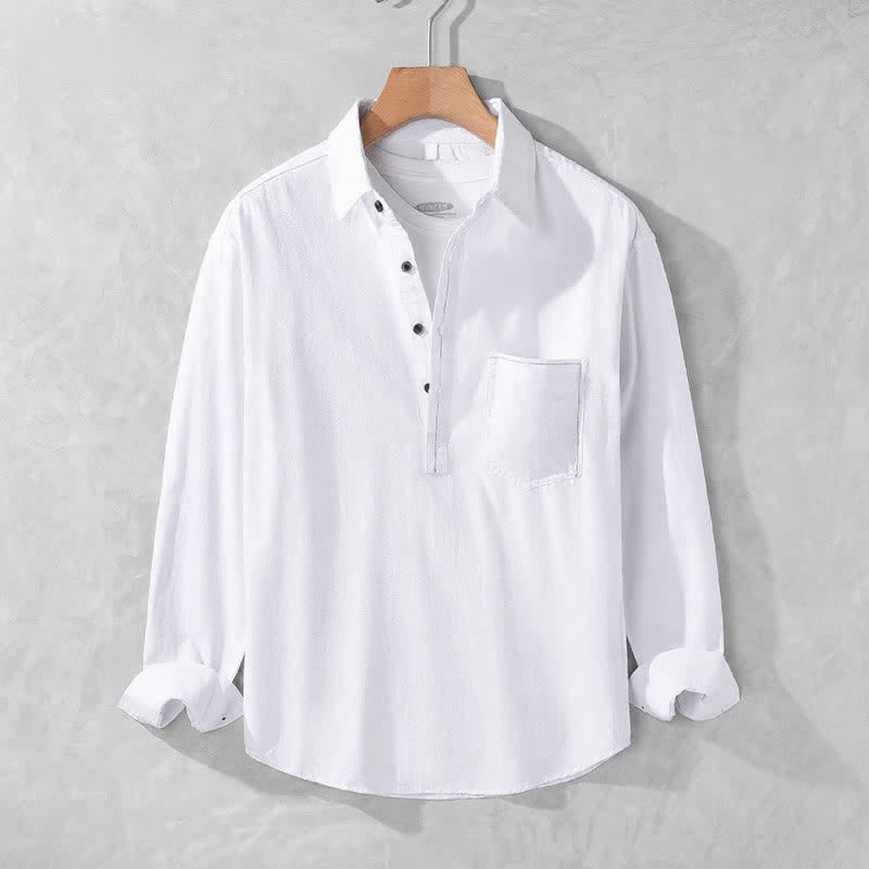 Buddha Stones Camicia da uomo a maniche lunghe in cotone tinta unita, casual, con bottoni e taschino applicato, ideale per primavera e autunno. - Bianco - US/UK/AU42, EU52 (3XL) - image 11
